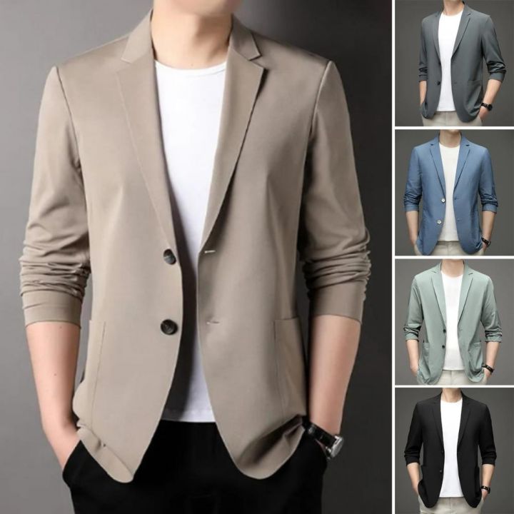 blazers for men Men Blazers Slim Fit Double Buttons Business Jacket Lapel  3/4 Sleeves Commuting Suit Coat Solid Color Lapel Groom Coat