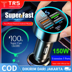 150W Charger Mobil Adaptor Charger  Mobil 5 Port  LED Cepat Pengisi Daya Mobil Pengisian Daya Cepat PD QC3.0 Tipe-c Fast Charging