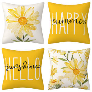 4pcs/set 2025 New Yellow Color Daisy Pillowcase Linen Print Festival Home Living Room Sofa Pillowcase Cushion Cover 18x18inch