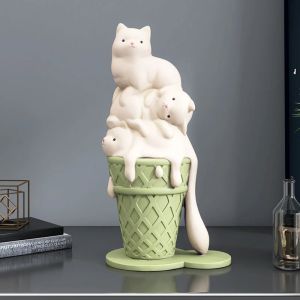 Ice Cream Cat Sculpture Resin Figurines For Bookcase Shelf Modern Home Room Decor Creative Animal Figures Best Gift New