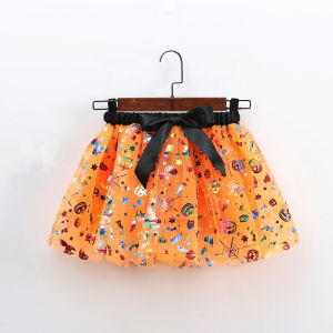 Halloween White Girls Tutu Dress with Printed Mesh Pumpkin and Bat Motifs tutu Childrens short skirt