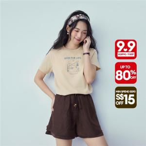 Giordano Beau Monde Women Afternoon tea print short sleeve cotton tee Free Shipping 13396304