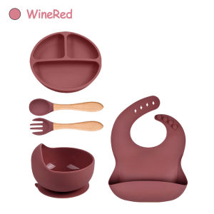 5PCS/Set Peralatan Makan Bayi Silicon Set Celemek Makan Bayi / Mangkok Sendok Bayi