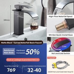 Bathroom Sink Faucet with Hose – Waterfall Lababo Tap Single Handle Hot Cold Mixer FaucetMatte Black