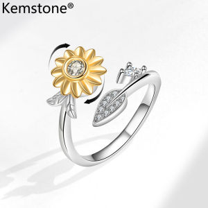 Kemstone Rotatable Sunflower Rings Silver Plated Zircon Adjustable Ring Jewelry Gift