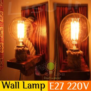 Lampu Dinding Tempel Hias Kayu Tambang Klasik Vintage untuk Cafe Restoran Single Head E27 220V