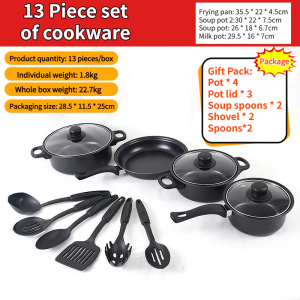 13-Piece Set (frying pan 22 cm milk pan 6 cm stew pan 22 cm and 18 cm 6 spatulas) Non-Stick Cookware Set