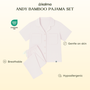 Kalma Bamboo Sleepwear Pajama Set for Women (LINES OF CALM / SOFT BLUSH STRIPES) | Short Sleeve Button Up Shirt with Long Pants | Andy Collection