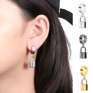 REEBO Personality Clip Earrings Geometric Lock Pendant Fashion Jewelry Gothic Dangle Hoop Earrings Men