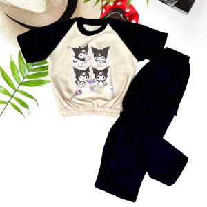 Baju Setelan Kuromi Four Face Anak Perempuan Sweatpants Cargo Usia 3-12 Tahun
