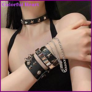 Colorful Heart Punk Gothic Skull Bracelet Chains Metal Spikes PU Leather Wristband Cuff Bangle Wide Cuff Bracelet Women Men Jewelry