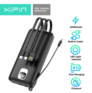 XiPin D600 10000mAh 2.1A Fast Charging Power Bank 4 Built-In Cable with Digital Power Indicator Display
