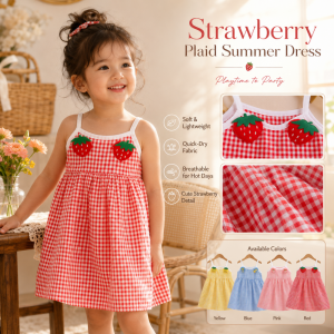 AILEBE Kids Dresses Cartoon Strawberry Plaid Strap Summer Dress Soft Lightweight Quick Dry Fabric Breathable For Hot Weather Cute OOTD Pambahay For Baby Girls 0-13 Years
