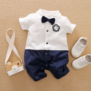 เสื้อผ้าเด็กบอดี้สูทแขนสั้นผ้าฝ้าย100% ชุดจั๊มสูทสุภาพบุรุษชุดรอมเปอร์ตกแต่งด้วยโบว์สำหรับ0-18months เด็กทารกเด็กผู้ชาย