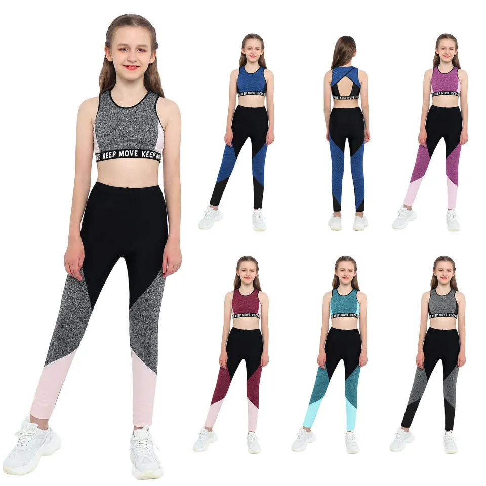 Kids Clothes Girls Dance Yoga Sports Suit Workout Gymnastics Outfits Tank  Bra Tops With Pants Leggings Set For Running Jogging
