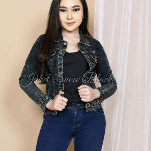 Jaket Jeans Wanita Dewasa Snow Hitam Keren Kancing Terbaru Kekinian Murah