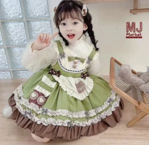 【Ready Stock】Child Dress New Fashion 2024 Matcha Green Lolita Dress Girl Dress【现货】2024年新款抹茶绿色小熊洛丽塔萝莉公主裙四季精致洋气生日裙公主裙