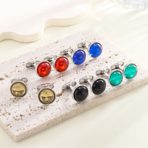 1Pair Minimalist Round Set Blue Green Red Black Brown Rhinestone Cufflinks Versatile Trendy Mens Business Cuff Links Accessories