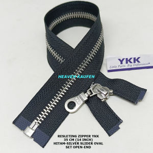 Resleting Zipper Ritsleting YKK 35 cm Atau 14 inch Hitam Silver Slider Oval Type Gigi Besi Model Set Open End Harga Per Biji
