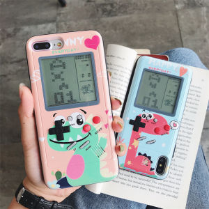 Cartoon Dinosaur play games Case iphone 14 15 Pro Max 7 8 Plus X Xs XR 11 12 Pro Max xs max 13 Pro Max Tetris game Casing
