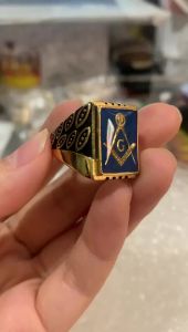 FCMens Blue Enamel Gold Plated Freemason Masonic Stainless Steel Biker Ring Mens Jewelry
