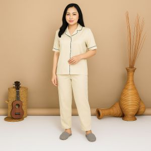 Setelan Piyama CP/Baju Tidur Dewasa bahan SATIN VELVET Lengan Pendek/Piyama WANITA model List Polos