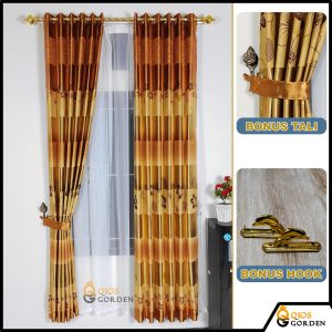 Gorden Ruang Tamu Mewah Bahan Blackout Import Motif Printing Batik Emas Model Smokering
