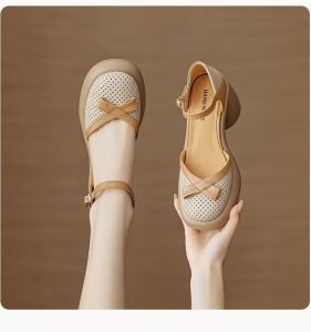 [Free Shipping] Retro High-Heeled Sandals For Women 2026 Summer New Collection Featuring Color-Blocked Designs Bow Details Cut-Out Patterns And Chunky Heels In A Roman Style