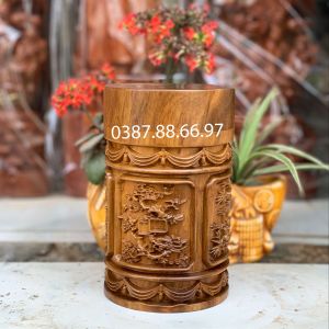 Hộp đựng chè lọ đựng trà trạm khắc tứ quý cây cao 20cm chất liệu gỗ bách xanh cực đẹp