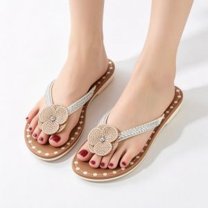 Women Rhinestone Flower Wedge Flip Flops | Tsinelas Pambabae Bulaklak na may Diamond Non Slip Beach Slippers