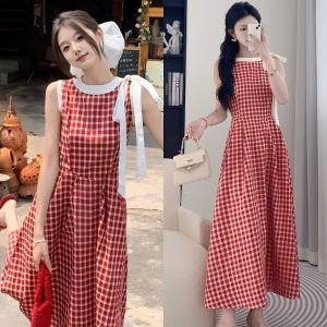 Đầm Dài Dự Tiệc Họa Tiết Kẻ Đỏ Thiết Kế Nơ Vai Đẹp Mắt Ngọt Ngào D55