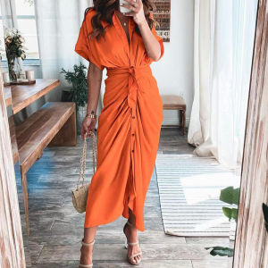 Women Shirt Printed Bandage Dress Summer Fashion Button Ruched Long Dresses Female Elegant Lapel Beach Dress Casual Robe