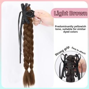STARGOODS Korean Style Bow Twist Braid Ponytail Clip On Synthetic Pony Tail Hair piece Heat Resistant Fake Long Claw Clip Ponytail Wig for Women