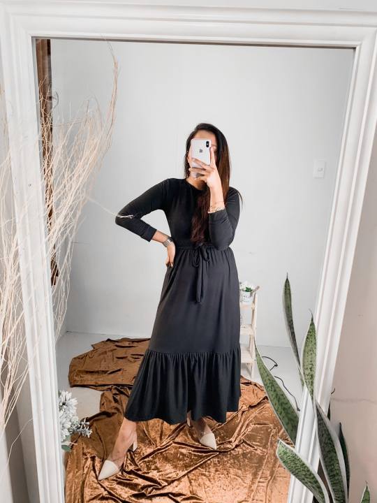 Plain long best sale sleeve maxi dress