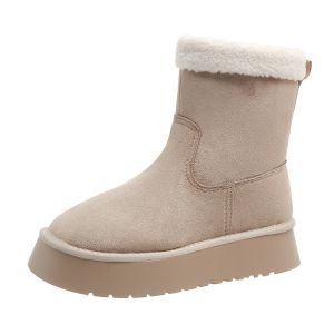 FECHENG 2024 Ladies Thick-Soled Snow Boots Autumn Winter Fleece Lining Waterproof Warm Cotton Shoes Increase Height 4.5CM Mid-Tube Boots Women