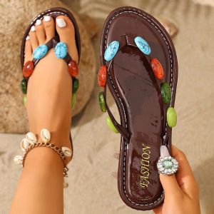 [Free Shipping] Bohemian Colorful Stone Flip-Flops Flat Sandals Casual Outdoor Sandals For Women