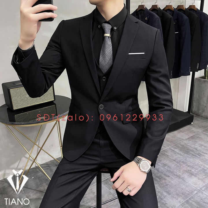 Bộ vest nam màu đen ve đen bóng full size | Shopee Việt Nam