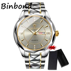 [Có hộp miễn phí] Đồng hồ nam thời trang binbond 2023 thương hiệu sang trọng lịch kép mặt số Kim Cương lăng trụ dạ quang dây đeo bằng thép không gỉ chống thấm nước thời trang đồng hồ đeo tay thạch anh thường ngày đồng hồ bằng vàng b5552