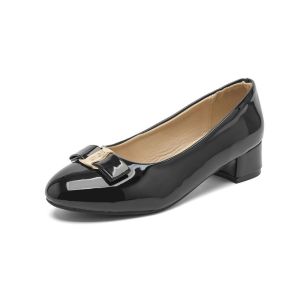 YOTO Round Toe Mary Jane Heels Glossy Patent Bow Block Heels Ladies Office Formal Party Shoes
