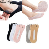 Ruizhijzg 1 Pairs Women Five Finger Split Toe Socks Summer Ultra Thin Mesh Breathable Velvet No Show Invisible Boat Socks Anti Slip Silicone Heel Low Cut Socks For Flats Loafers