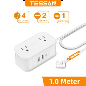 TESSAN 2-Prong to 3-Prong Flat Plug Power Strip Extension Cord with USB 4 Outlets & 3 USB Ports Extension Outlet Socket for Home/Office With USB-C