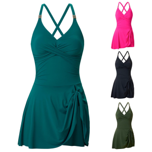 Women Piece Skirted Swimsuit With Briefs Push Up V Neck Swim Dress Swimwears Adjustable Strap Skirted Bathing Suit