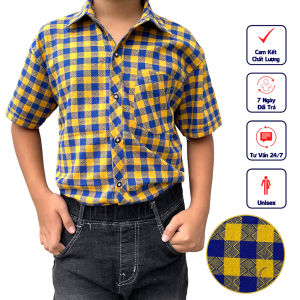 Áo sơ mi bé trai ngắn tay phong cách thời trang với màu áo caro sọc xanh vàng làm điểm nhấn phù hợp đi chơi du lịch CXV04