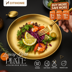 Piring Saji Stainless Steel Emas Elegan Anti Karat untuk Dekorasi Meja Makan dan Hidangan Mewah
