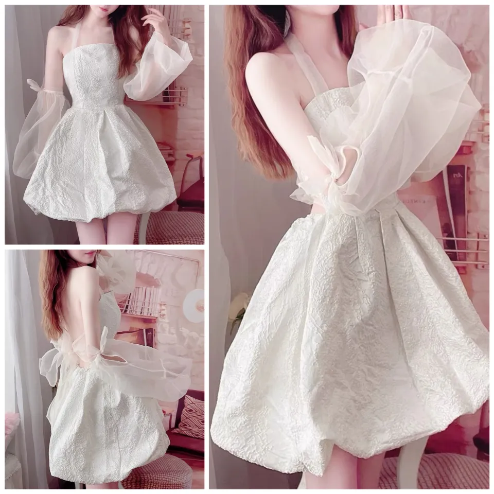 Váy trắng tiểu thư phối voan bèo ly ngực- Đầm nữ 2 dây dài dáng xòe chất  gấm xốp mới phong cách ulzzang hàn quốc | Shopee Việt Nam