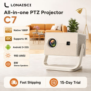 LONAISCI C7 All-in-One Gimbal Projector Native 1080P Support 4K Decoding 900ANSI Auto Focus Keystone Correction WiFi6 Bluetooth5.2 Home Theater Portable Smart Projector with 8W Stereo Speaker