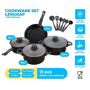 (BUBBLEWRAP) 13 PIECES COOKWARE SET PANCI TELFON SPATULA SET TUTUP KACA