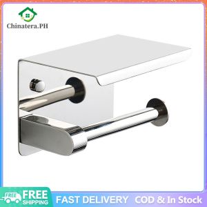 Stainless Steel Toilet Paper Holder with Phone Holder Paper Towel Stand Multifunctional Floating Paper Shelf for Bathroom Washroom