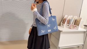Quivlox Embroidery Laptop Tote Bag Bowknot Denim Hand Carry Sleeve Shockproof Casual Shoulder Tablet Purse Beg