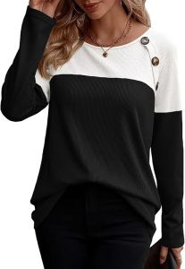 Zeagoo Womens Waffle Knit Shirt Long Sleeve Color Block T Tunic with Button Detail Waist Cinch